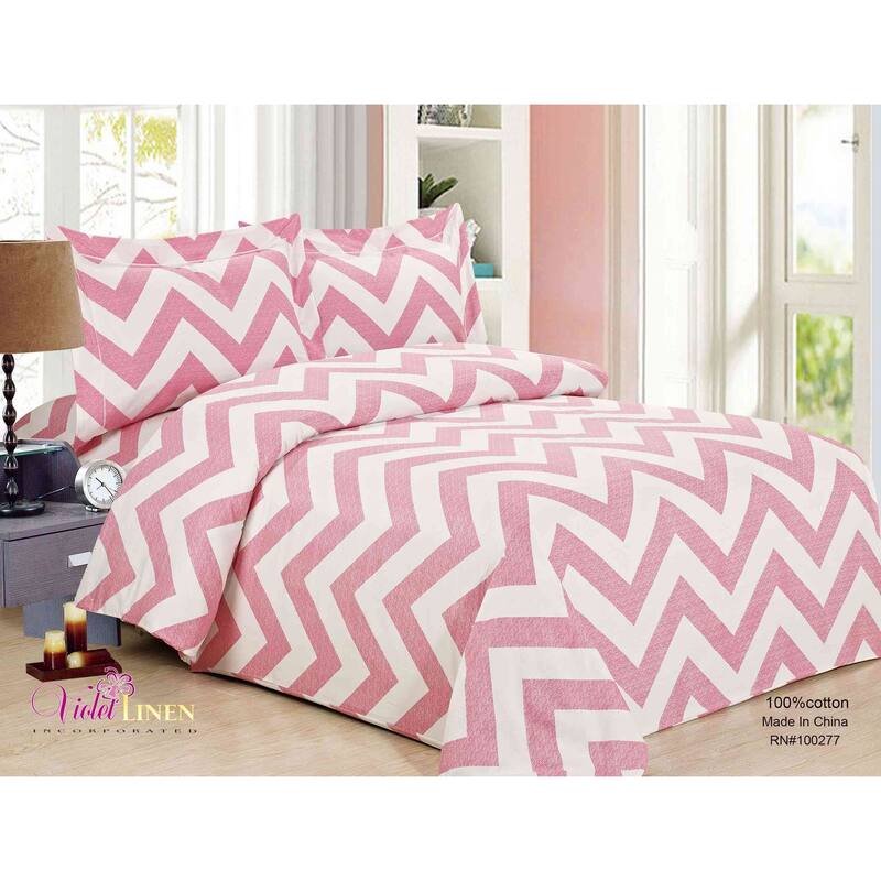 Violet Linen French Pink Waves Chevron Pattern, 200 Thread Count Poly-Cotton Percale, Pink, 6 Piece, Bedding Duvet Cover Set - Twin