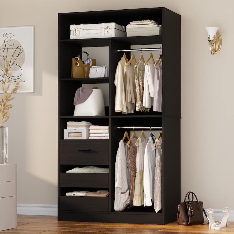 36" Freestanding Closet System With 3 Drawers and 2 Hanging Rods,Multi-Purpose Wardrobe Closet Rack - Black