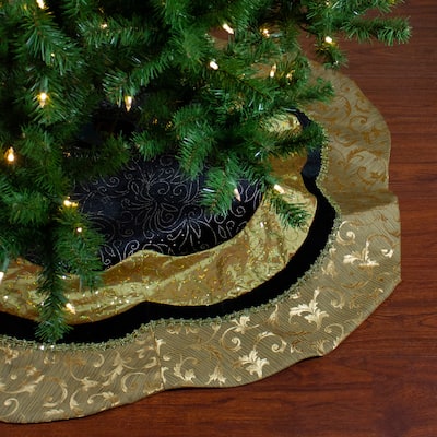 48" Black and Gold Velveteen Floral Scallop Christmas Tree Skirt