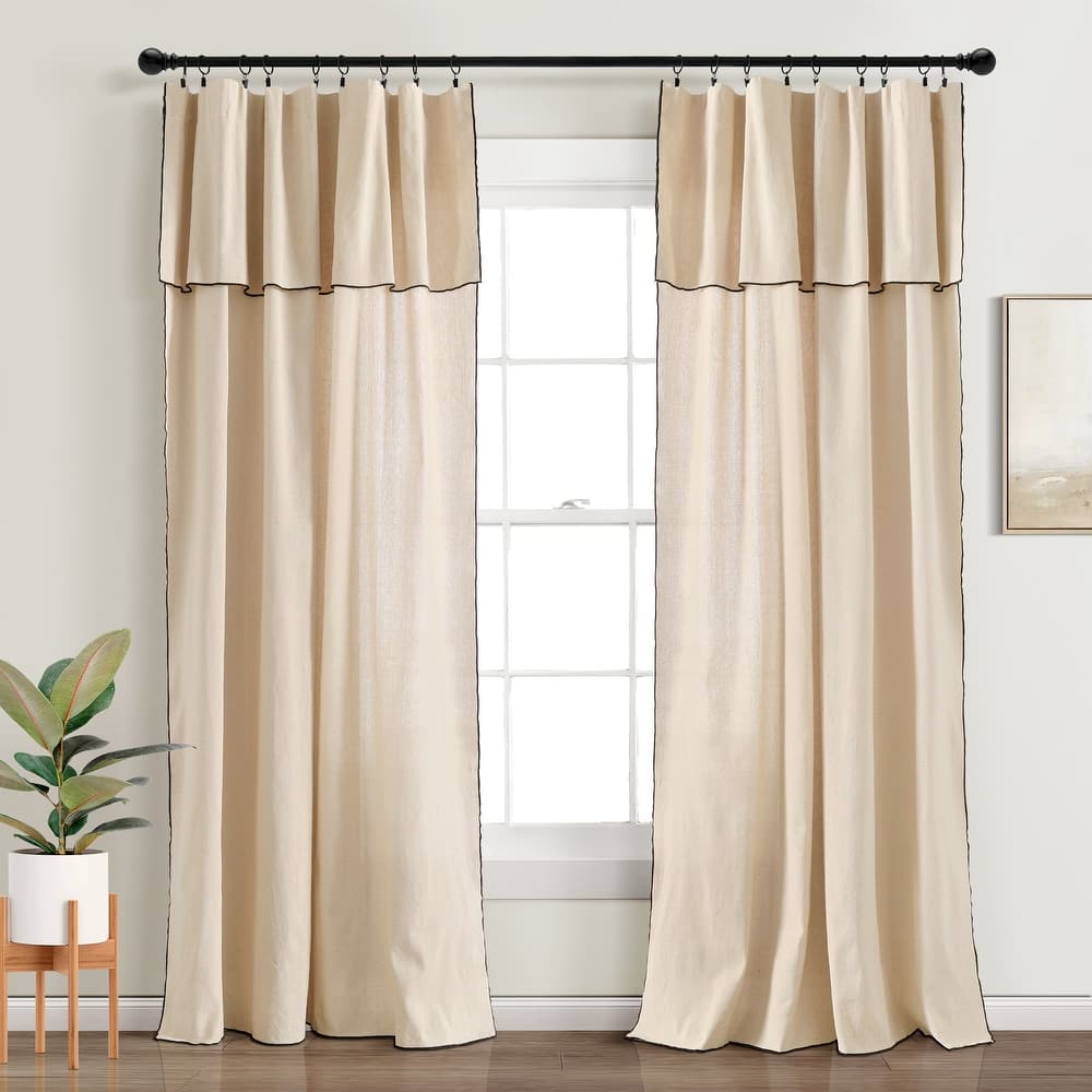 Lush Decor Modern Faux Linen Embroidered Edge With Attached Valance Window Curtain Panels Set