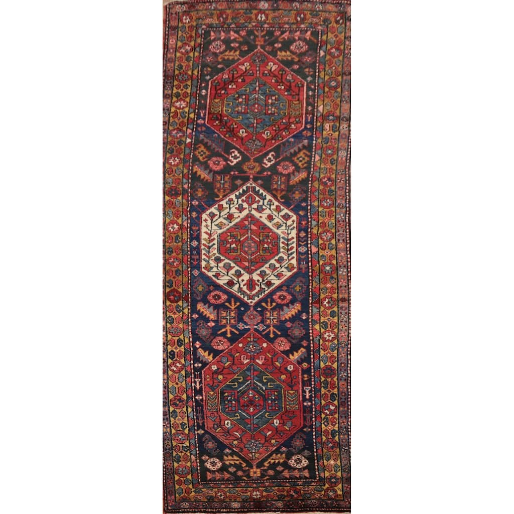 Hand Knotted Oriental 100% Wool Carpet Traditional Tribal Navy Blue & Blues Ardebil Runner Rug - 10' 10'' X 3' 6''