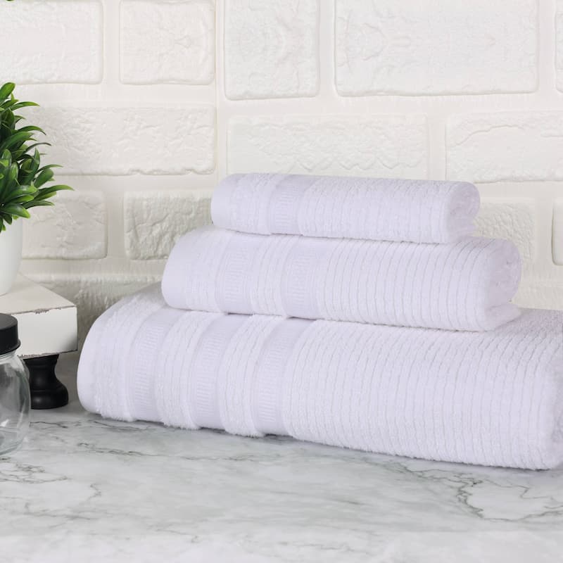 Superior Brea Zero Twist Cotton Ribbed Modern 3 Piece Bathroom Towel Set - White