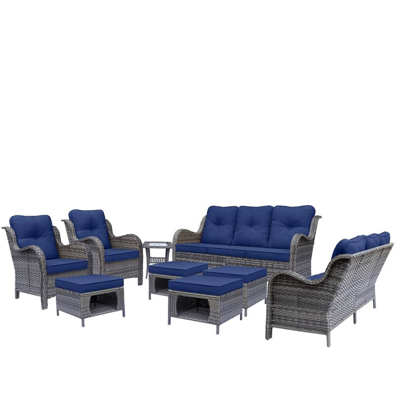High Back Gray Wicker Outdoor Patio Furniture Sofa Seating Set with Cushions