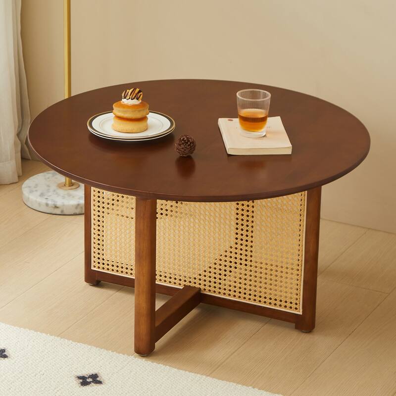 Mid Century Wooden Coffee Table Bohemian Style Coffee Table with Solid Wood and Frame Rattan Stand, for Living Room