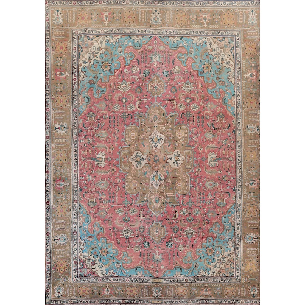 Pink Tabriz Persian Vintage Area Rug Handmade Wool Carpet - 9'11" x 13'4"