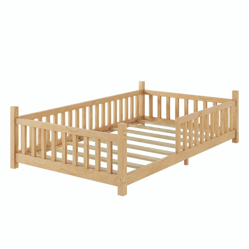 House Bed with Light, Low Floor House Bed with Fence and Roof