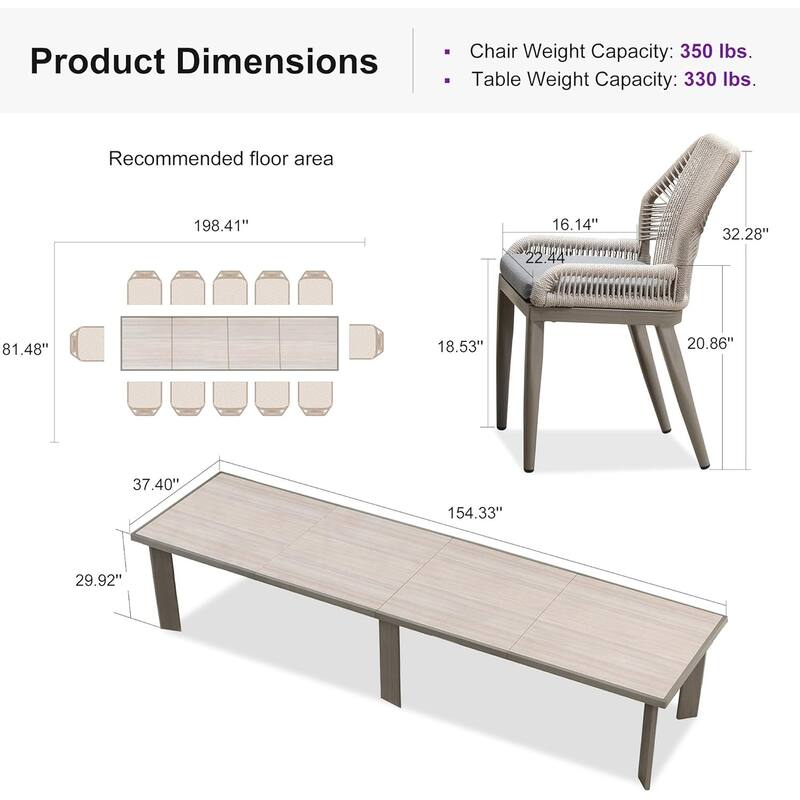 PURPLE LEAF Dining Set Patio Metal Rectangular Table and Wicker Rattan Chairs for Outside Porch Modern Outdoor Furniture Sets - Honey（6+1）