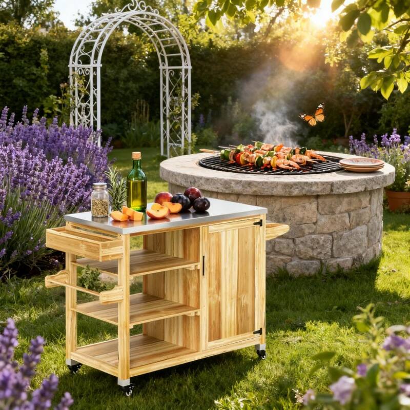 GDFStudio Outdoor Aerin Stainless Steel Grill Cart with Solid Wood Frame and Multi-Tier Storage - Natural Wood