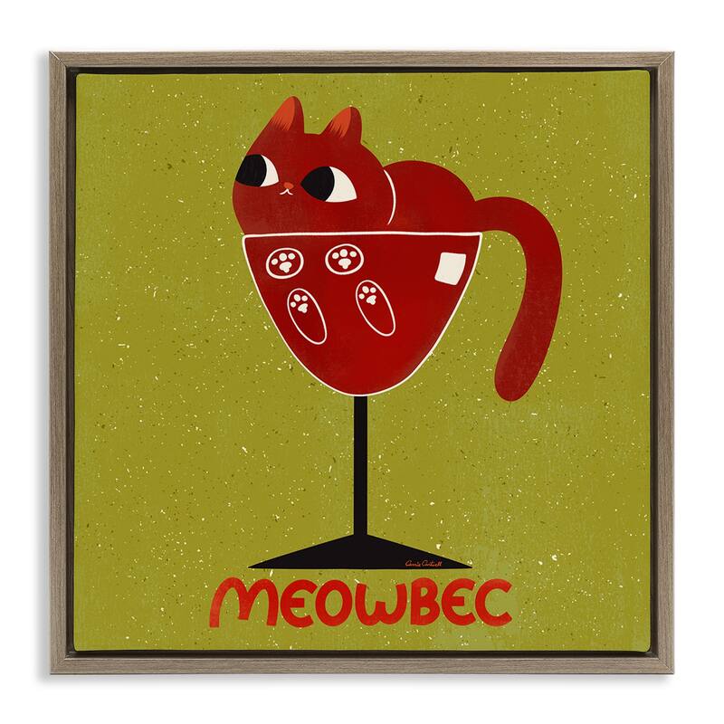Stupell Meowbec Cat Wine Framed Floater Canvas Wall Art Design By Carrie Cantwell - 18 x 18 - Brown
