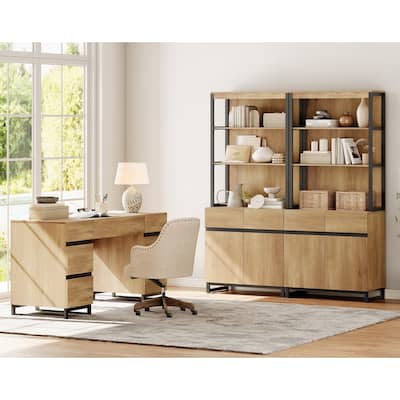 WAMPAT 59in Modern Executive Desk with Charging Station & Drawers and 2 PCS 72in Tall Bookcases with Storage Cabinet.