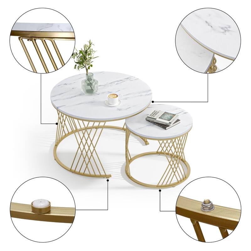 Anmytek Round Nesting Coffee Table Set of 2, White Modern End Tables Living Room Faux Marble Sofa Beside Table
