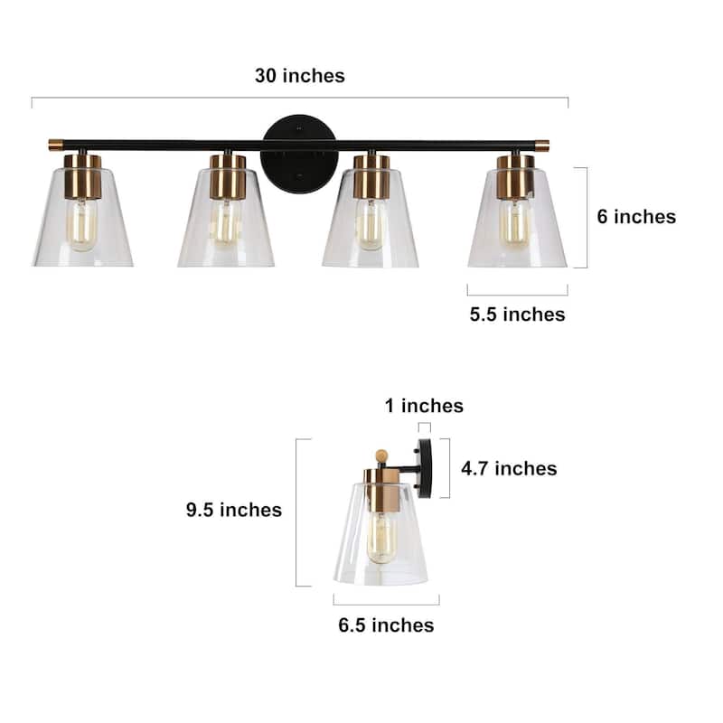 Modern Transitional Black 4-Light Black Brass Bathroom Vanity Lights with Cone Clear Glass - 30"W x 6.5"D x 9.5"H