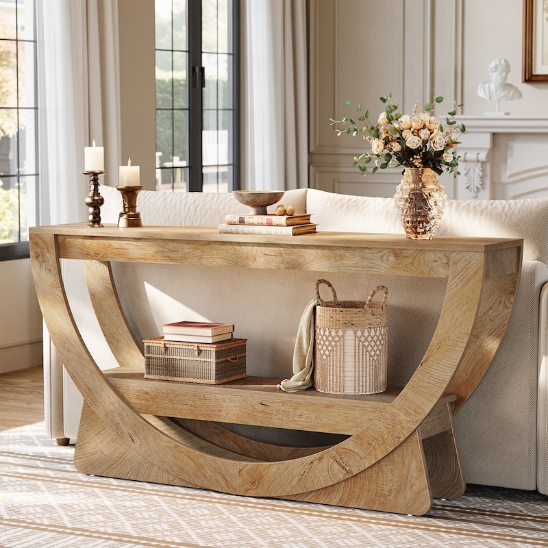 63-Inch Console Table for Entryway , 2-Tier Sofa Table with Storage Shelves & Arched Frame, Farmhouse Style - Rustic Brown