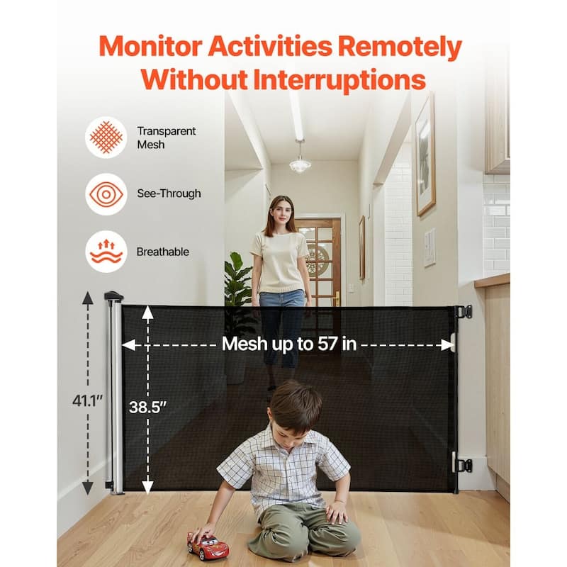 Retractable Baby Gate with Escape-Proof Bottom Hook and Mesh Design for Kids and Pets Safety