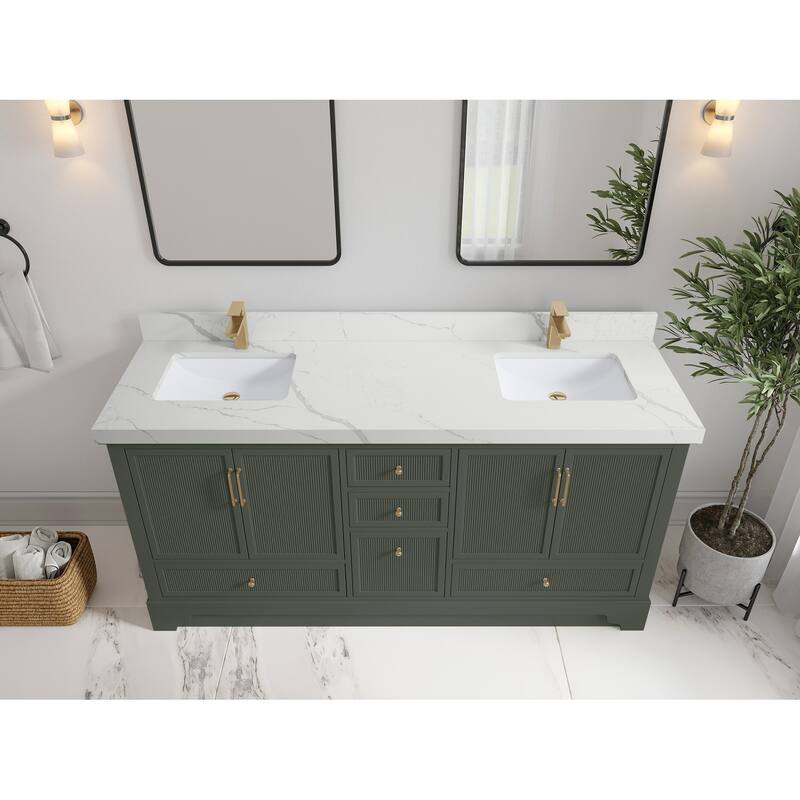 Willow Collections 72 x 22 Alys Double Bowl Sink Bathroom Vanity with Countertop - 2"Calacatta Laza - Pewter Green