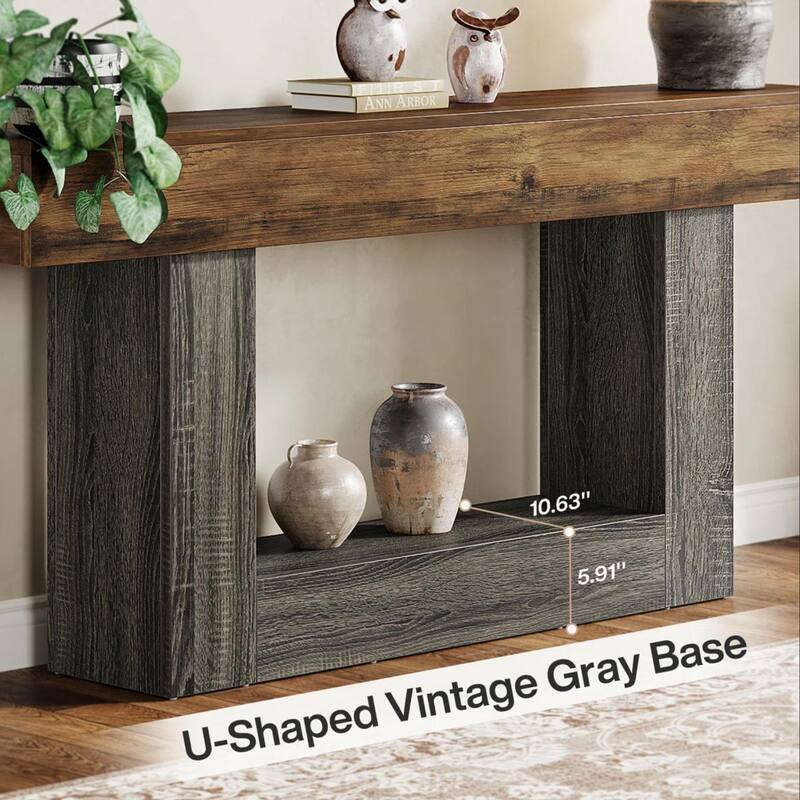 63" Farmhouse 2-Tier Rustic Console Table with Storage Shelf & U-Shaped Gray Base