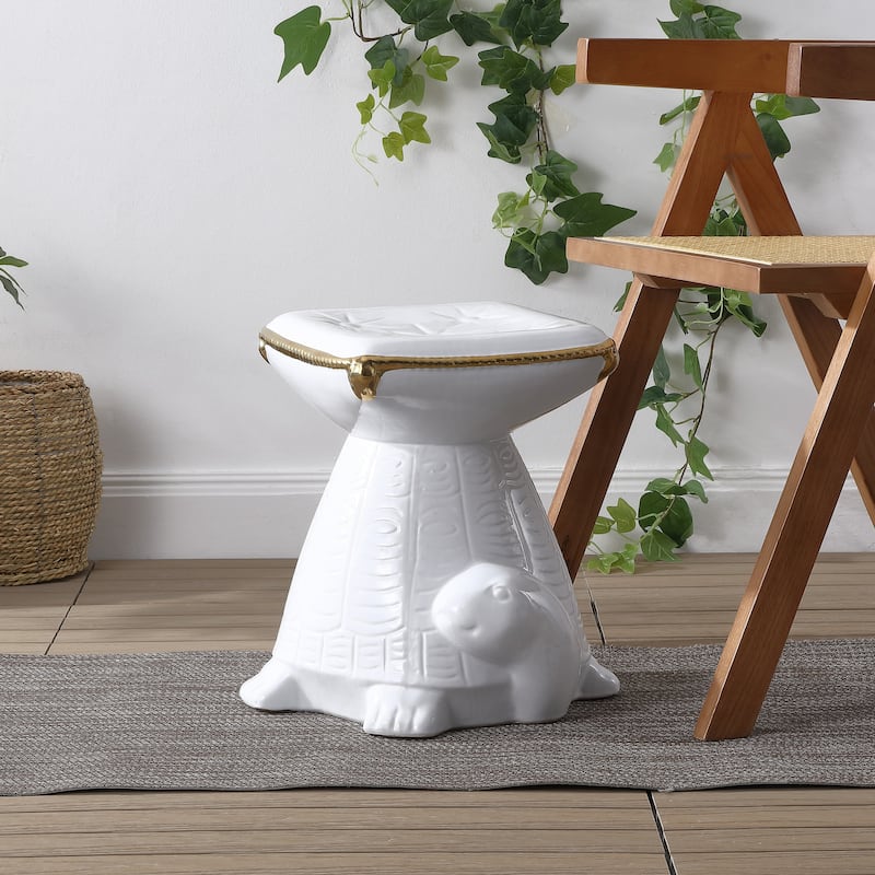 Caspian 14.75" Modern Bohemian Ceramic Turtle Indoor/Outdoor Garden Stool, By JONATHAN Y - White/Gold