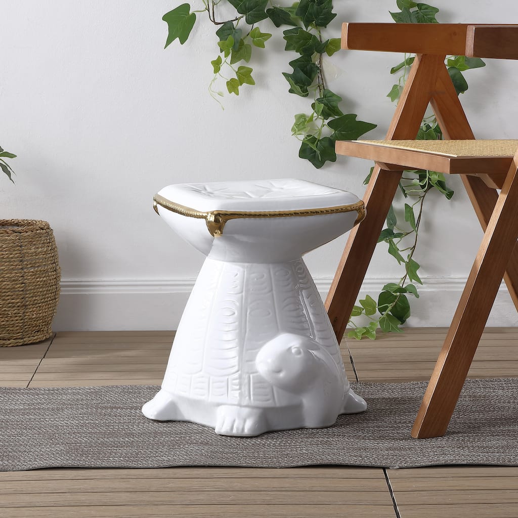 Caspian 14.75" Modern Bohemian Ceramic Turtle Indoor/Outdoor Garden Stool, By JONATHAN Y