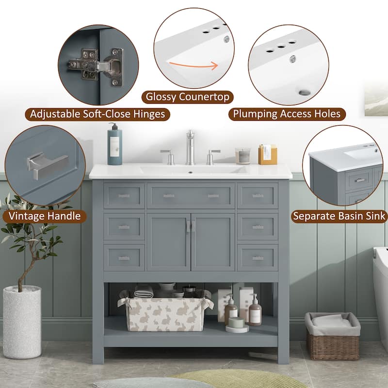 36''Bathroom Vanity With Top Sink,Storage Cabinet With 2 Soft Closing Doors And 6 Drawers,Single Sink Bathroom Vanity