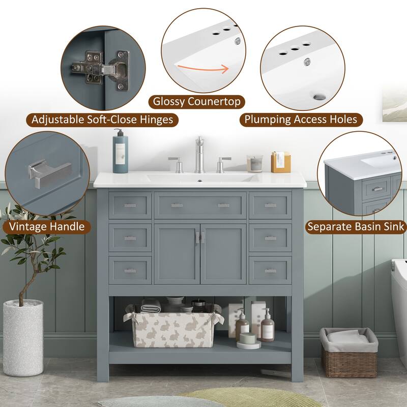 36 Inch Freestanding Bathroom Vanity with Ceramic Sink, 6 Soft Close Drawers, Modern Single Sink Cabinet