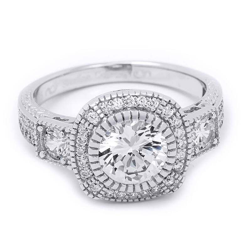 Sterling Silver Cubic Zirconia Bridal Ring 3.0 Carat Halo Round Cut