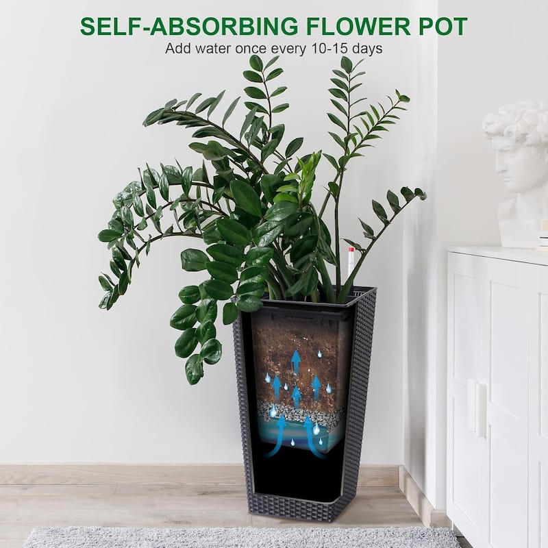 Set of 2 Garden Decor 22.5" Tall Indoor Outdoor Planters with Tray & Water Level Gauge