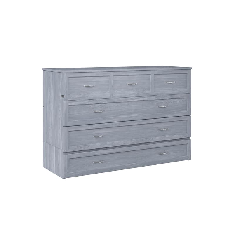 Deerfield Queen Murphy Bed Chest with 6" Mattress, Storage Drawer & Built-In Charger in Driftwood