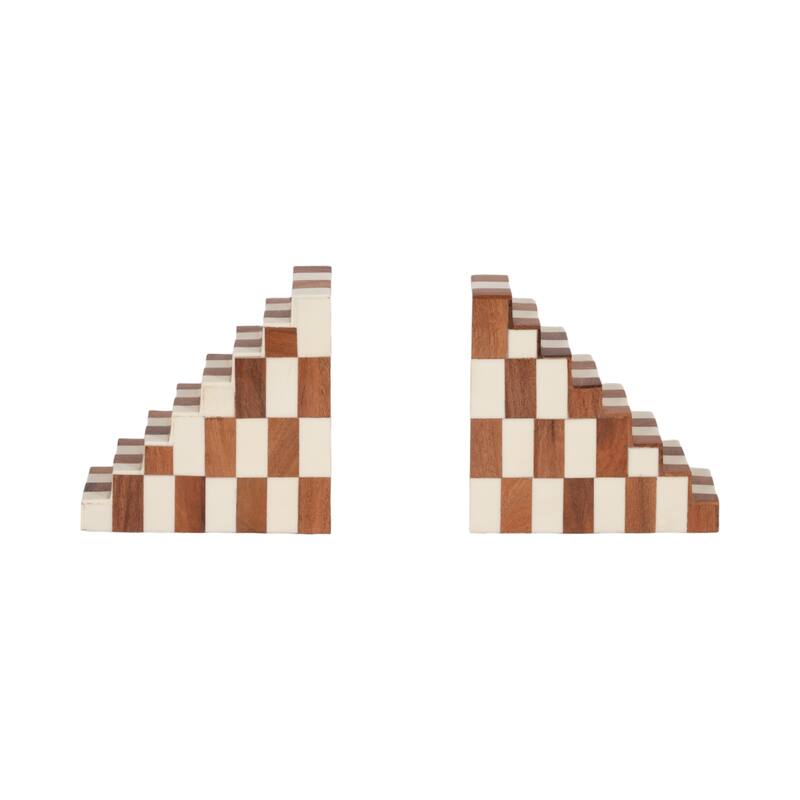 Modern Bookends with Wood and Resin Stair -Step Design - 6" Tan - 6" x 2.75" x 6" - Ivory/ Tan - 6" x 2.75" x 6"