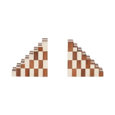 Modern Bookends with Wood and Resin Stair -Step Design - 6" Tan - 6" x 2.75" x 6"
