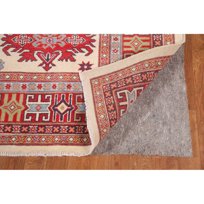 Ivory Geometric Kazak Area Rug Hand-Knotted Wool Carpet - 6'9" x 9'10"