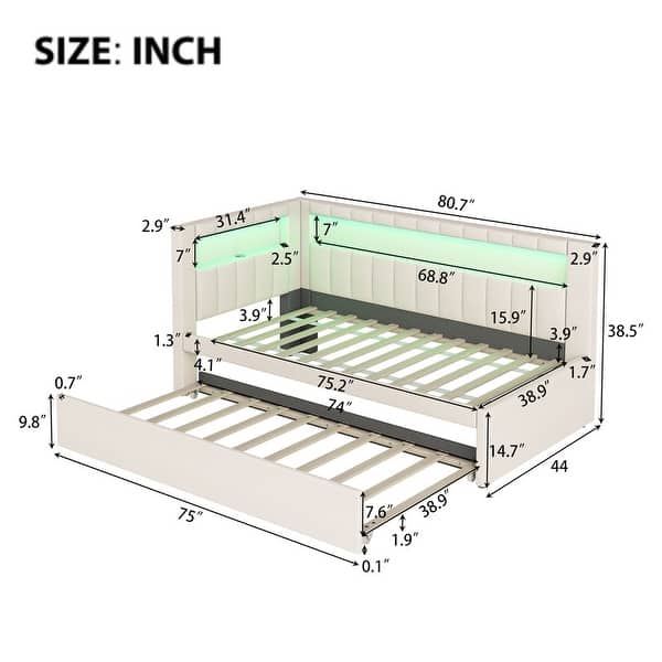 dimension image slide 0 of 2, Trundle Upholstered Platform Bed with USB Ports and 7 Colors LED Belt