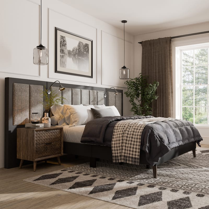 Furniture of America Orelo Modern Dark Brown Extended Wall Panel Bed with Reading Lights - Queen