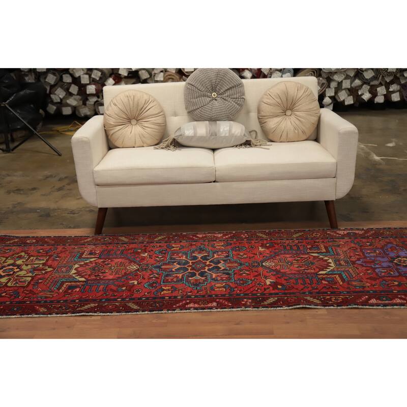 Hand Knotted Oriental 100% Wool Carpet Traditional Floral Oranges & Rust Heriz Runner Rug - 12' 8'' X 3' 3''