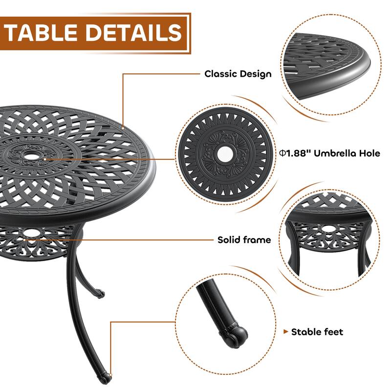 3/5-Piece Cast Aluminum Outdoor Dining Set with 30.71 in. Round Table and Random Color Cushions