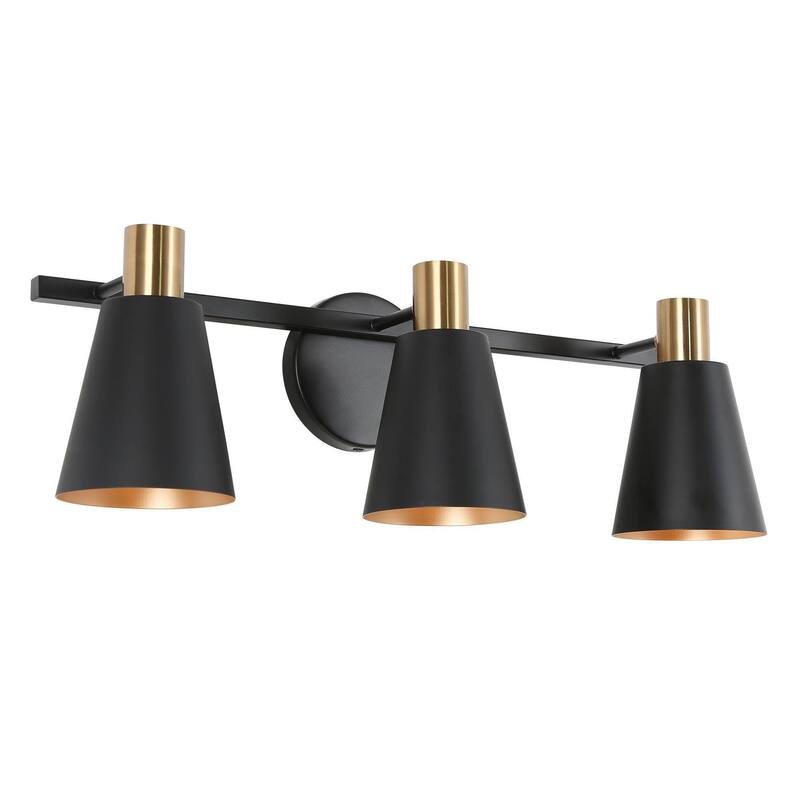 Modern 3-Lights Metal Cone Shade Bathroom Vanity Lights Dimmable Wall Lamp Black with Gold - L 22'' x W 7'' x H 7''