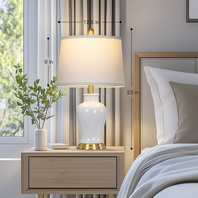 23-Inch Ceramic Ginger Jar Table Lamp with White Fabric Shade and LED Bulb