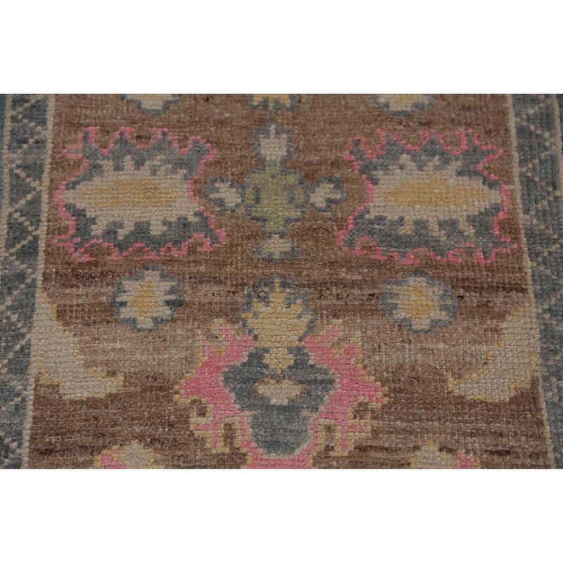 Hand Knotted Oriental 100% Wool Carpet Transitional Floral Brown Oushak Runner Rug - 14' 11'' X 3' 2''
