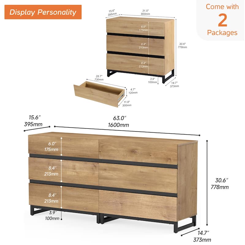 Dresser for Bedroom, Closet Organizers and Storage, Chest of Drawers with Metal Base, Modern Wood Dresser for Living Room