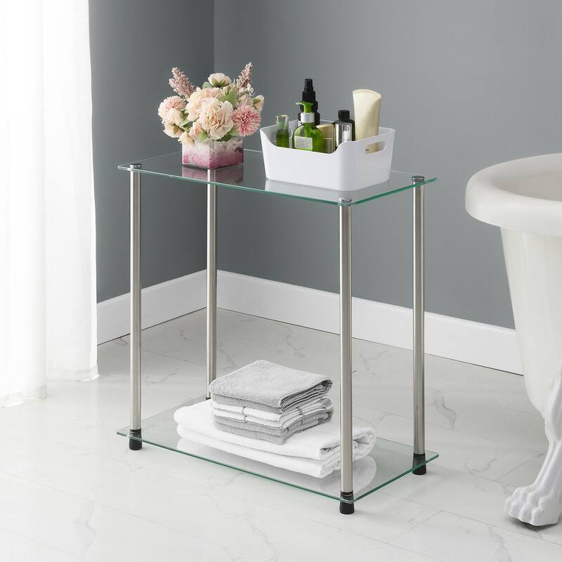 Glass 2 Tier Chairside End Table, Sleek Narrow Side Table with Clear Glass Shelves and Sturdy Stainless Steel Legs - 24