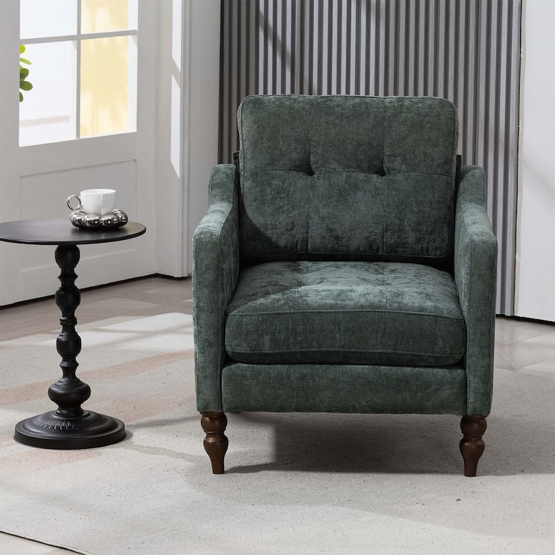 Accent Comfy Chair with USB Charging,Retro Wooden Legs,and Side Storage - Dark Green