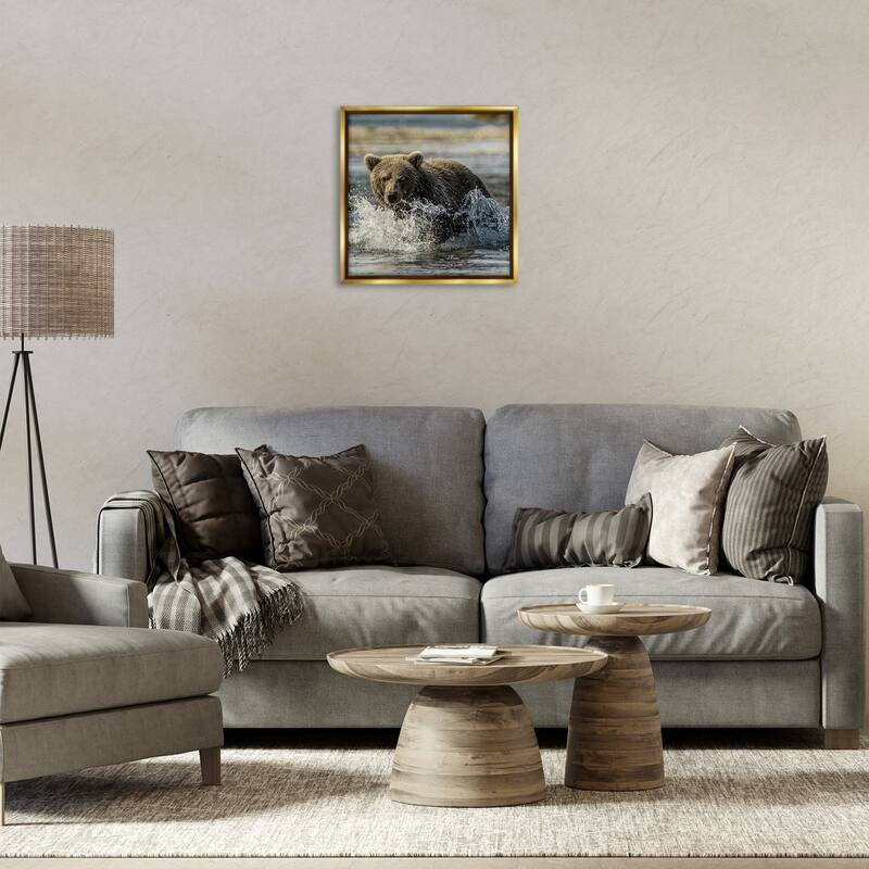 Stupell Bear Splashing in River Framed Floater Canvas Wall Art Design By Danita Delimont