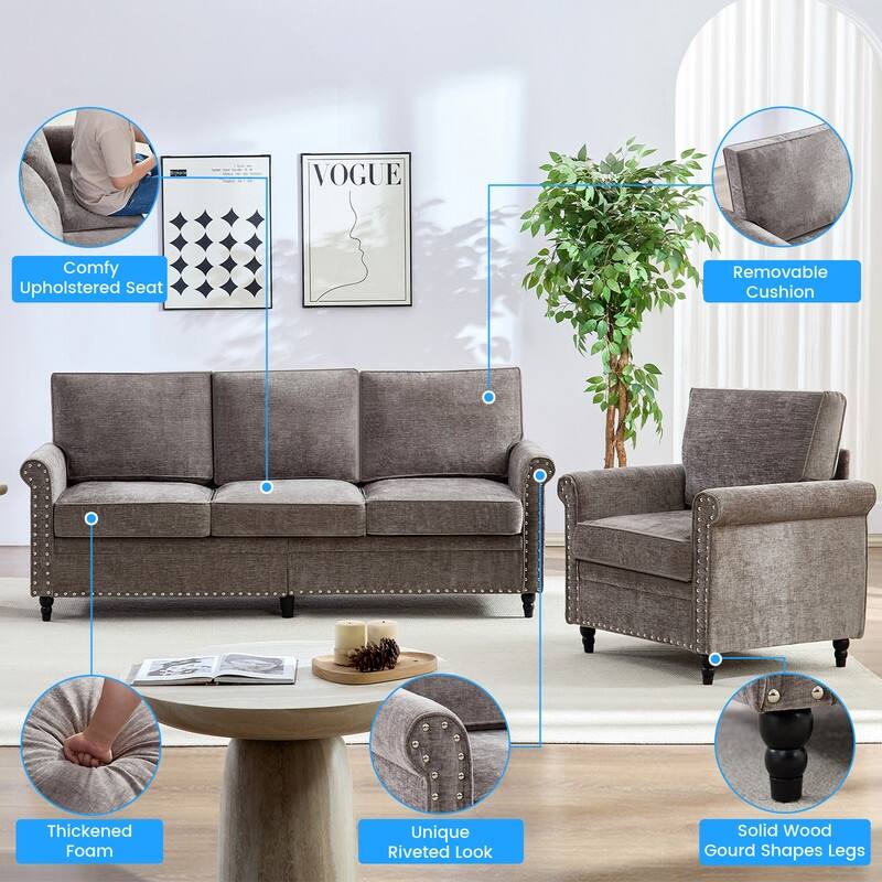 Mixoy Chenille Fabric 3-Seater Sofa Couch with Single Sofa Chair with Rivet Design,Solid Wood Gourd Legs for Living Room - 3+1