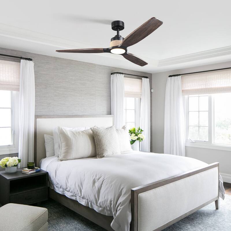 Parrot Uncle 56" Transition Black Solid Wood Jute Dimmable LED Ceiling Fan with Light and Remote