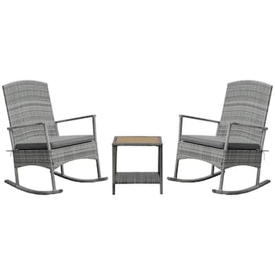 Grey-Brown-Cream Outdoor Rocking Bistro Chair Set with PE Rattan and Glass Table - 26.5" W x 31.5" D x 38.5" H