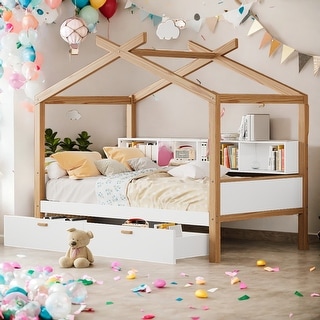 Twin House Bed with Storage Drawers & Shelves, White/Natural