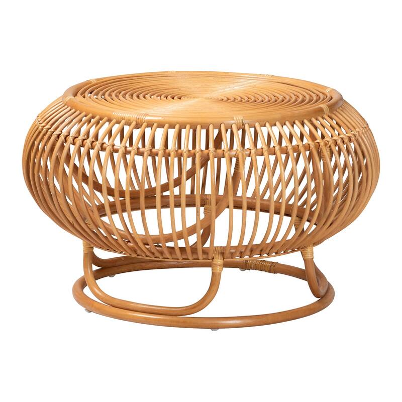 Adeola Round Lantern-Shaped Rattan Coffee Table - Handcrafted Coastal Boho Style Centerpiece for Living Room, Den, or Sunroom - Light Honey