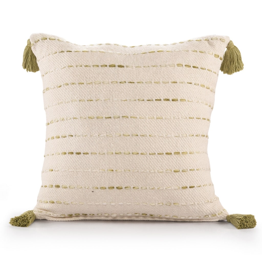 HomeRoots 20" X 20" Olive Green And Ivory 100% Cotton Striped Zippered Pillow