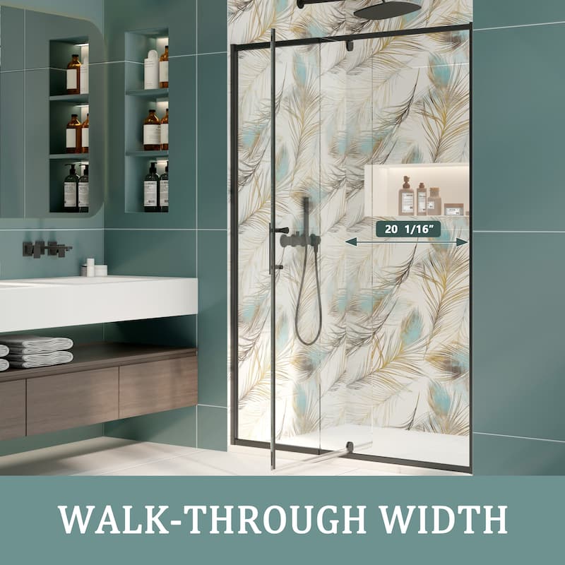Modland 44-48 Inch Adjustable Pivot Shower Door - Magnetic Seal, 1/4" Tempered Glass, Reversible Black/Chrome - 48 x 71