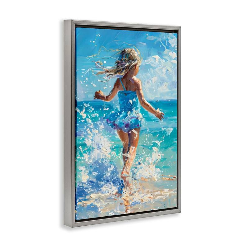 Stupell Girl Splashing on Shore Framed Floater Canvas Wall Art Design By LSR Design Studio