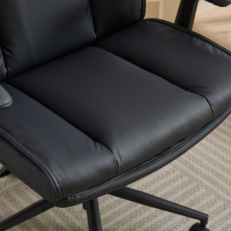 Black Leather Office Chair with Crossed Legs & Flip-Up Armrests